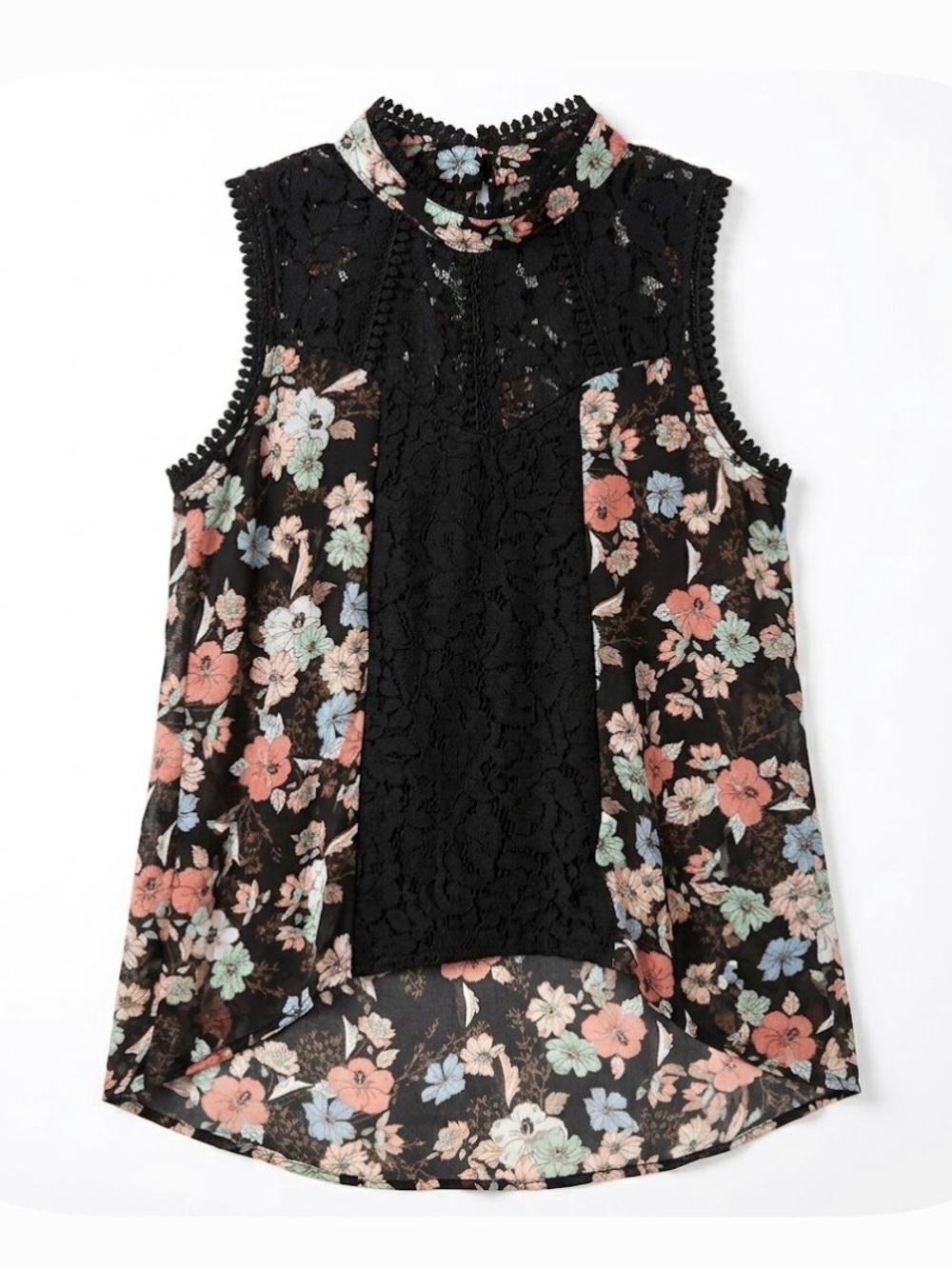 SELF ESTEEM Floral Lace Sleeve Top, Women’s Size M, Black Multicolor